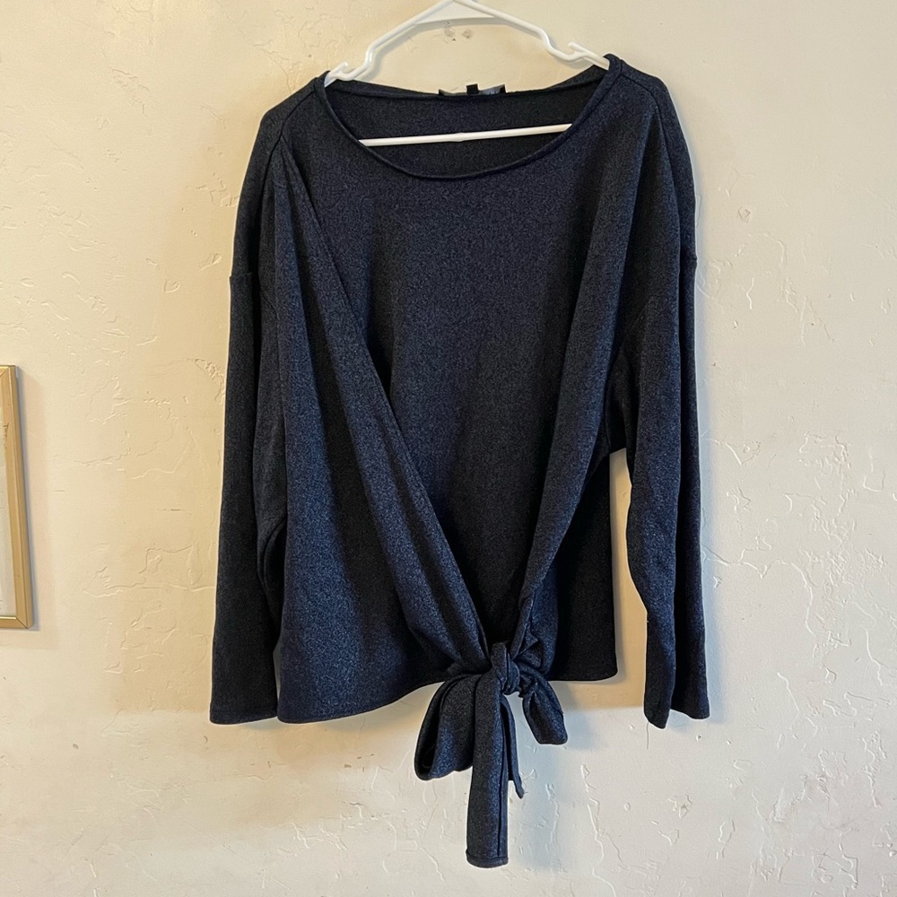 Eloquii Navy Blue & Metallic Thread Tie Front Wide Neck Sweatshirt 22/24